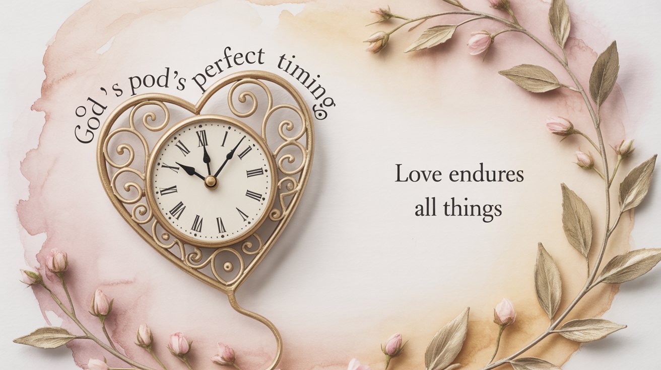 Heart-shaped clock representing God's perfect timing for love with Bible verses
