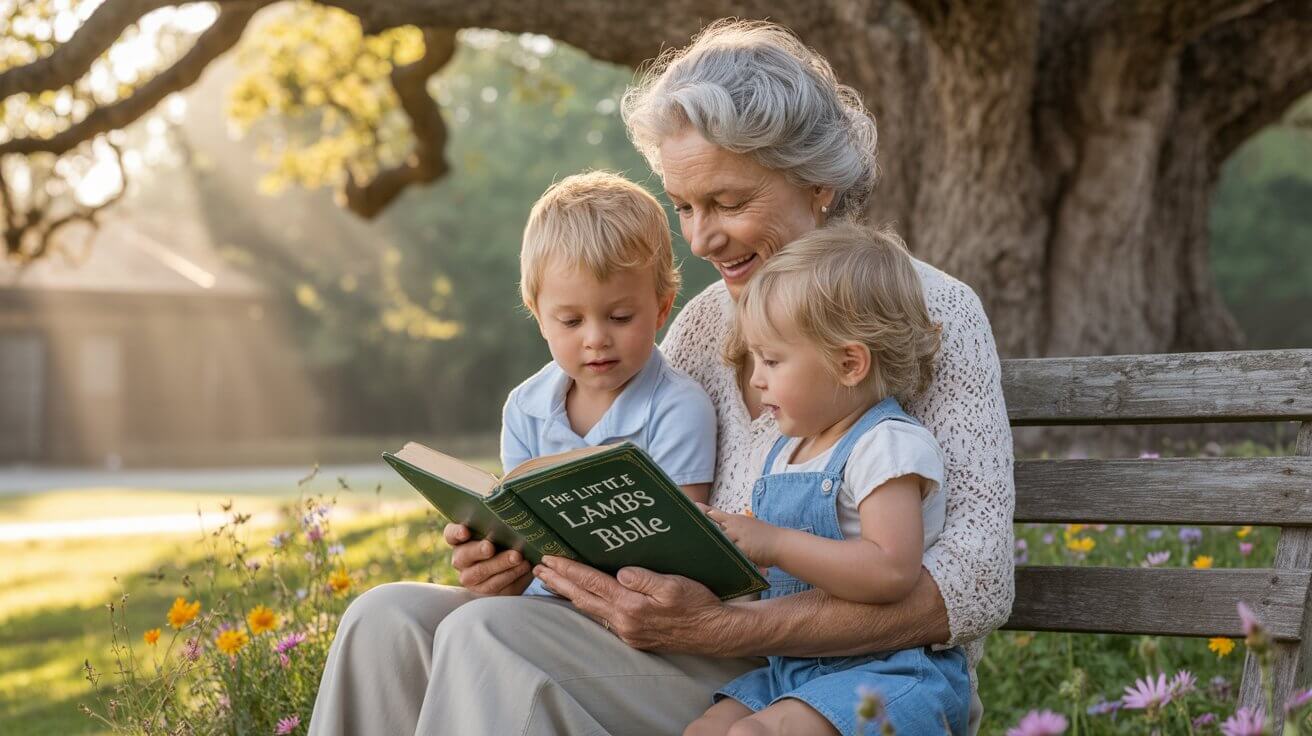 Grandmother sharing God's word with grandchildren in a peaceful garden setting
