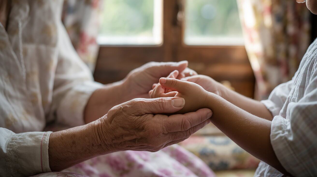 Grandparent and grandchild's hands joined together in prayer showing generational blessing