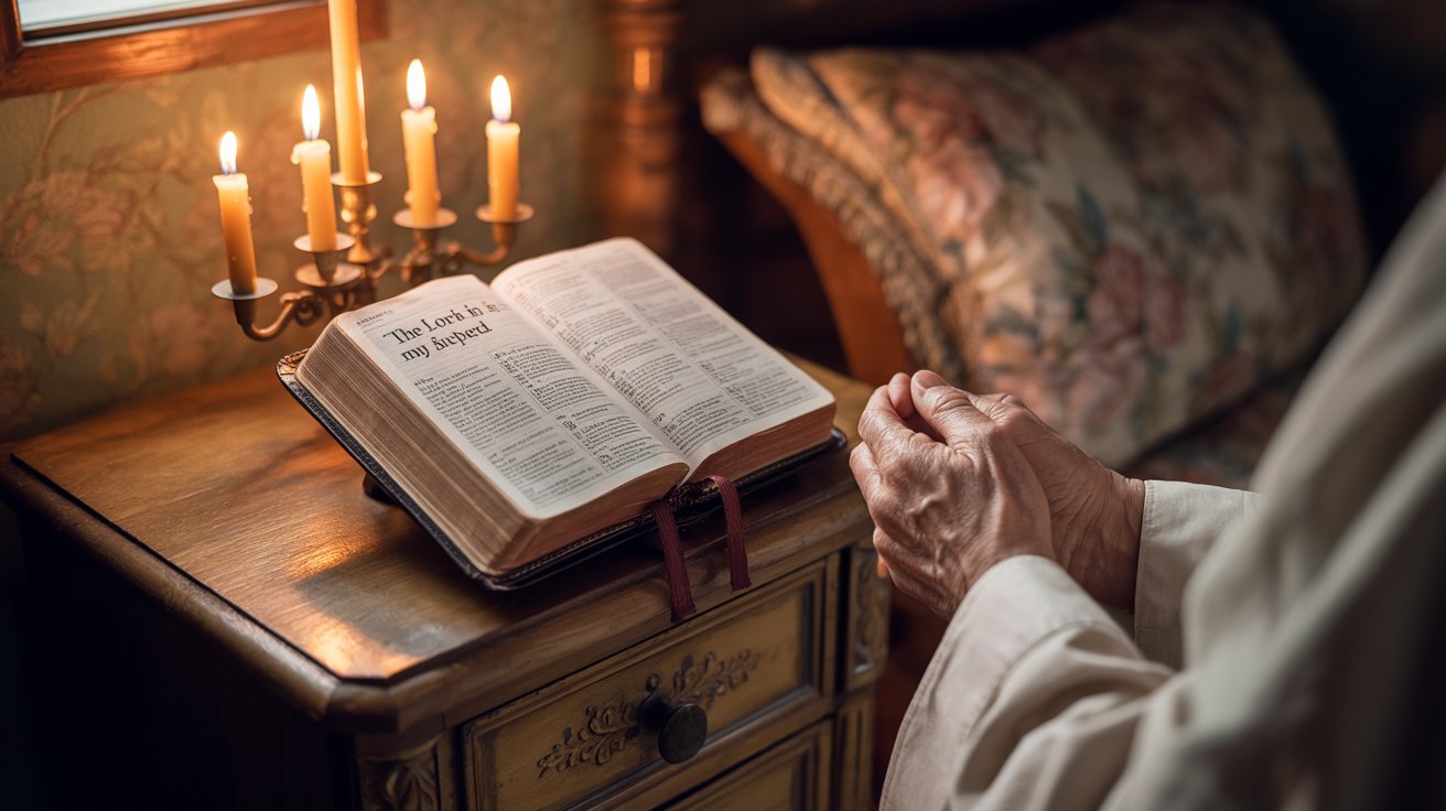 Hands in prayer over open Bible with candlelight for intimate prayer time