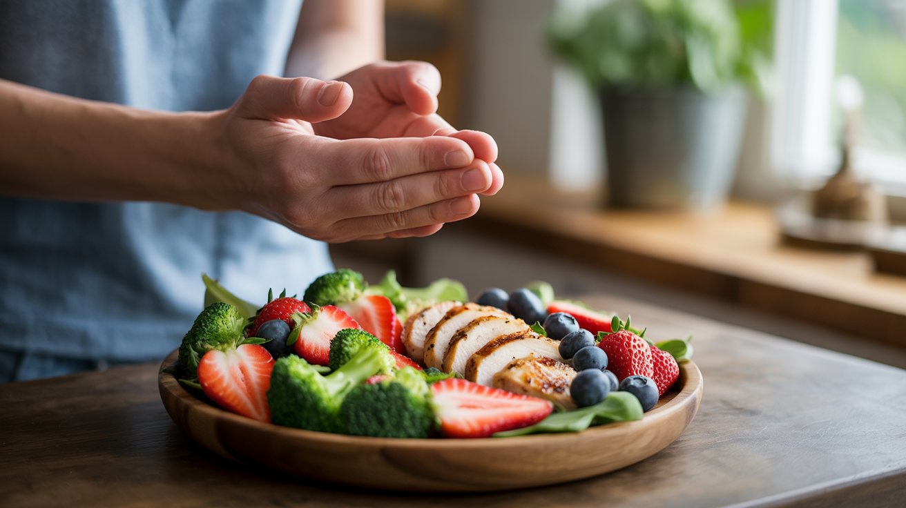 Healthy meal with praying hands showing gratitude for nutritious food