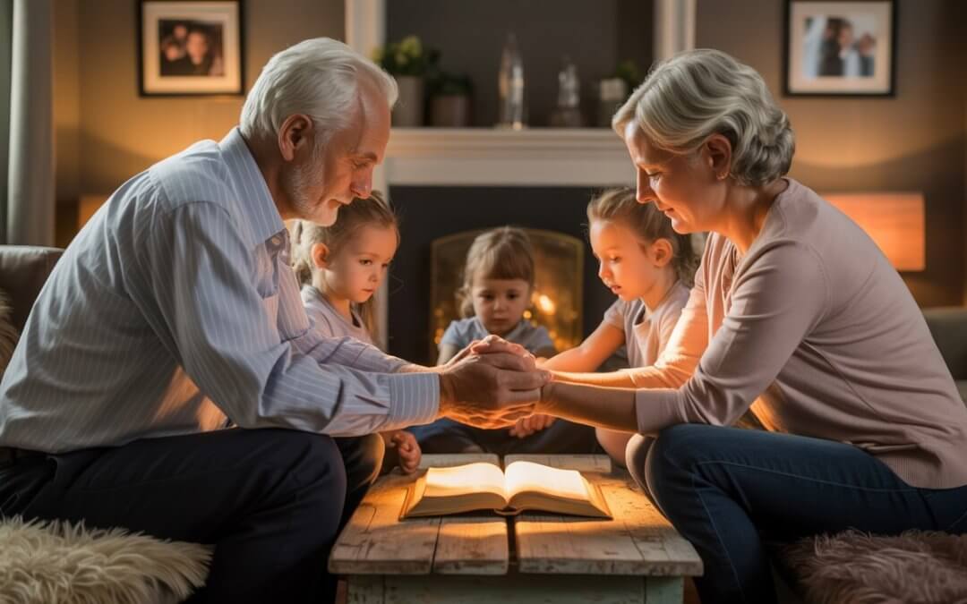 Loving grandparents praying with their grandchildren in a warm family setting