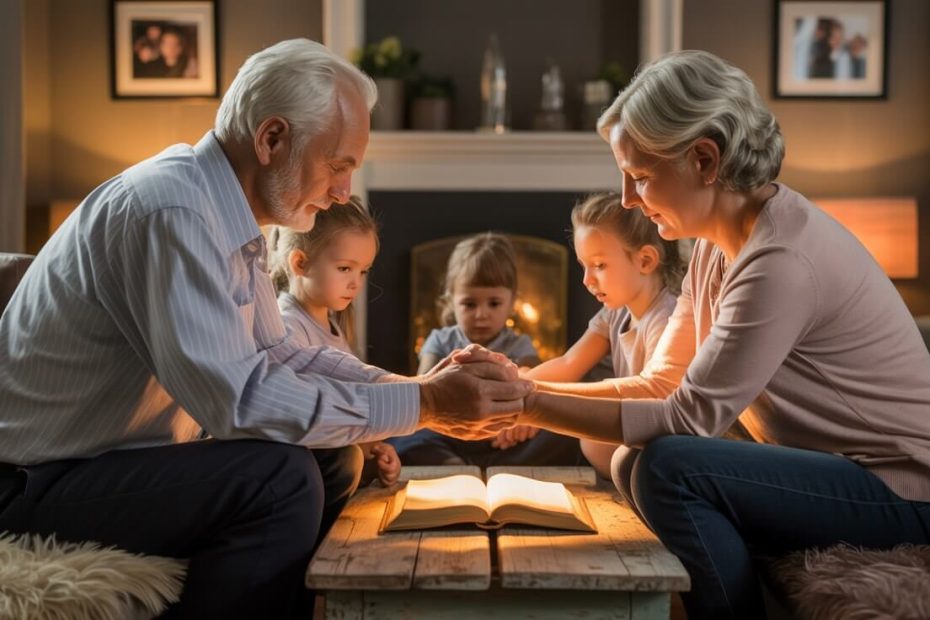 Loving grandparents praying with their grandchildren in a warm family setting