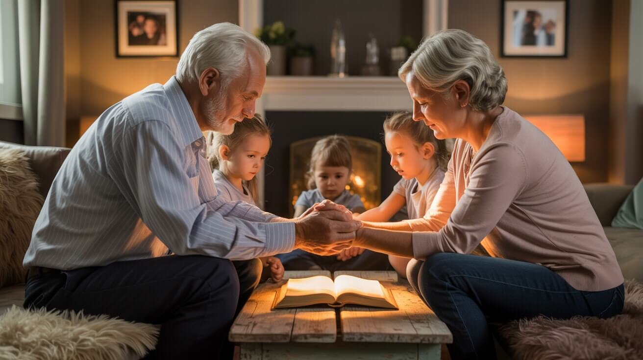 Loving grandparents praying with their grandchildren in a warm family setting