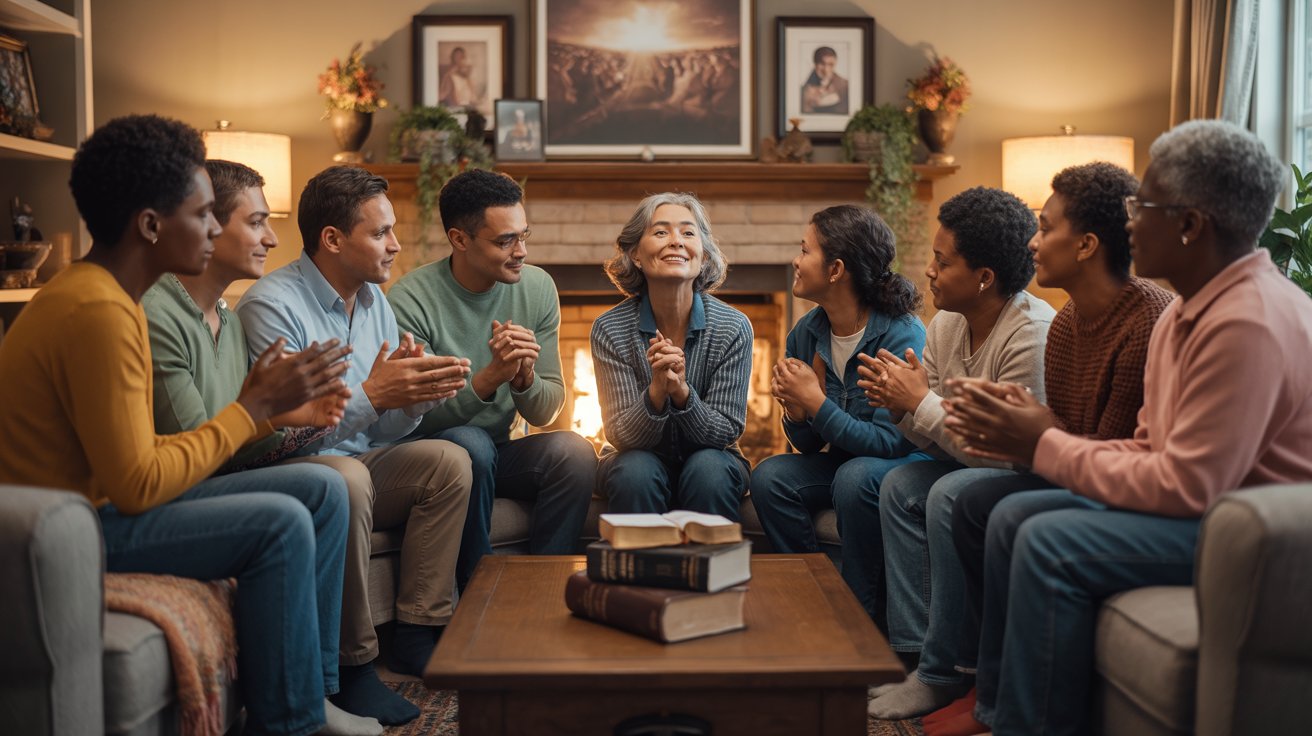 Friends and family joining hands in prayer circle for home blessing ceremony