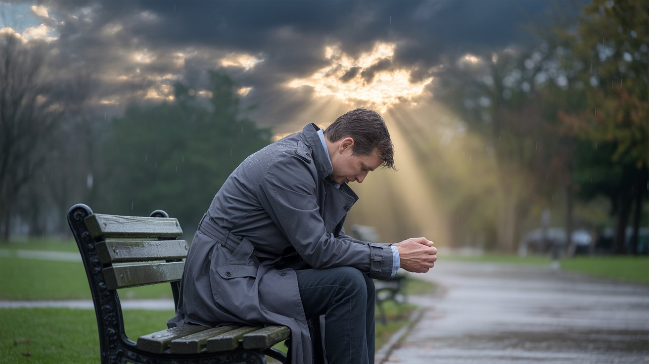 Person praying on bench in rain with sunlight breaking through clouds showing hope in grief