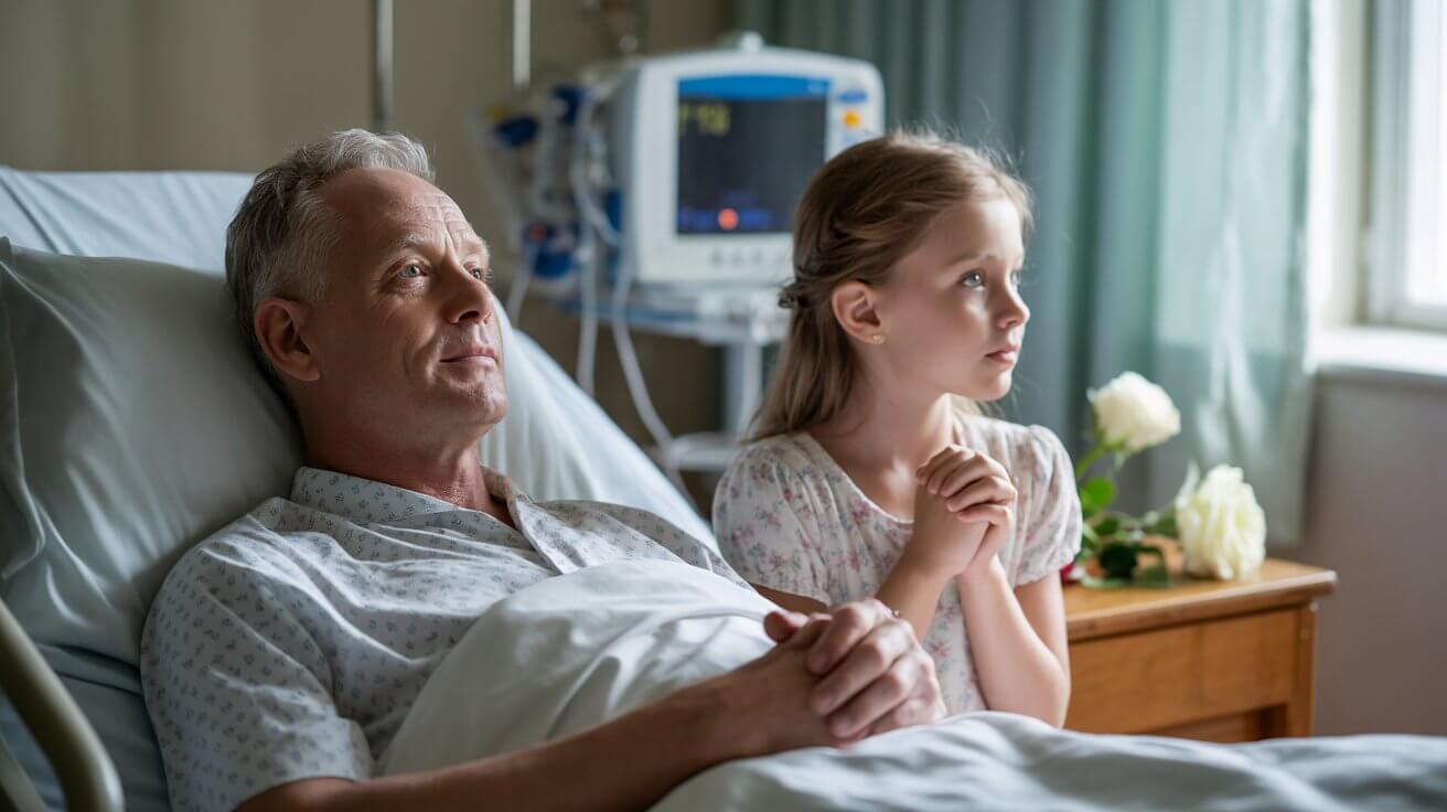 Family member praying beside father in hospital bed with hopeful atmosphere