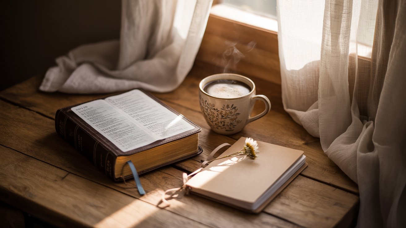 Peaceful morning prayer space with Bible and coffee for building intimacy with God