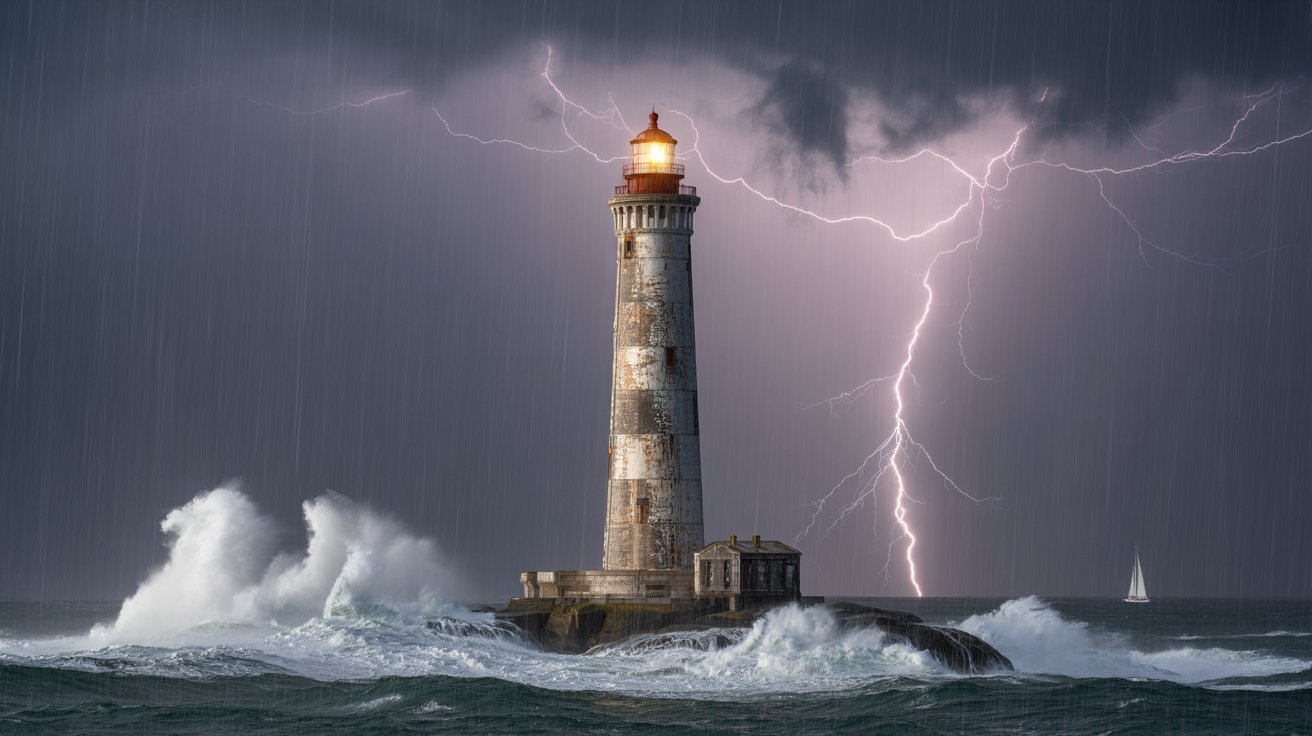 Lighthouse standing firm against stormy seas representing God's strength during grief