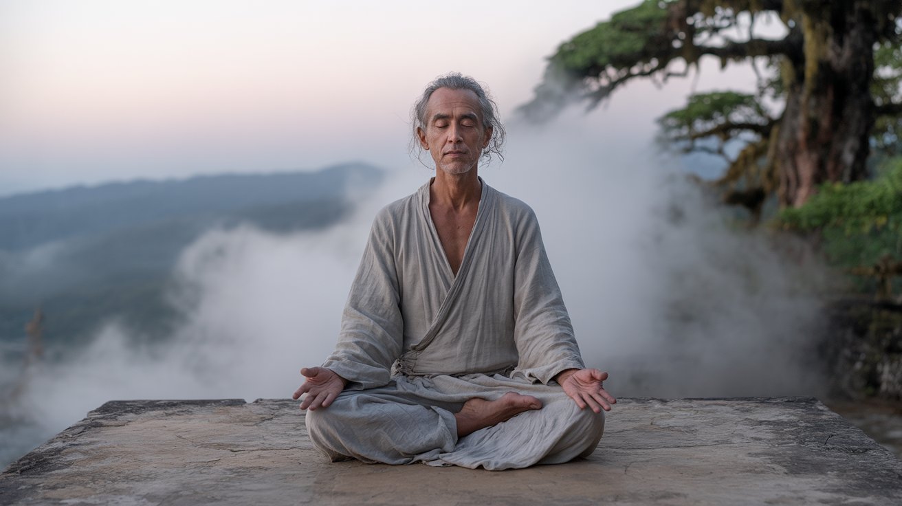 Person in peaceful meditation listening for God's voice in morning mist