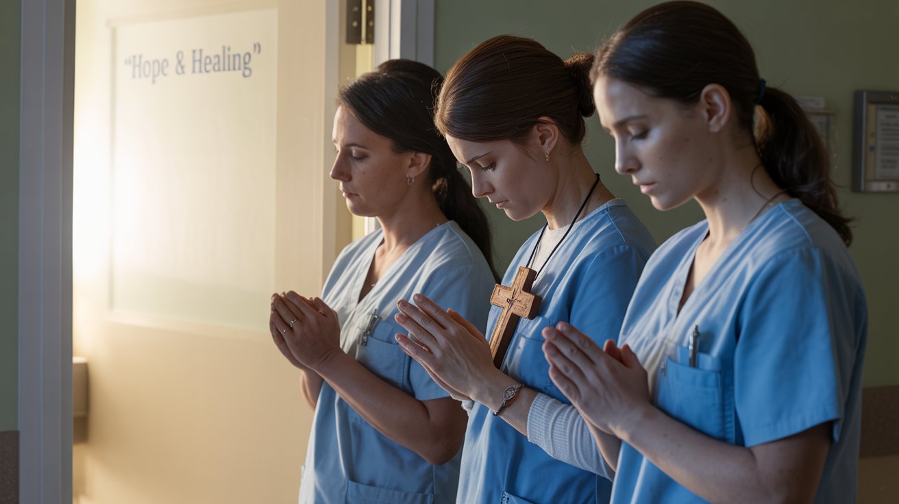Healthcare workers praying together before treating kidney disease patients
