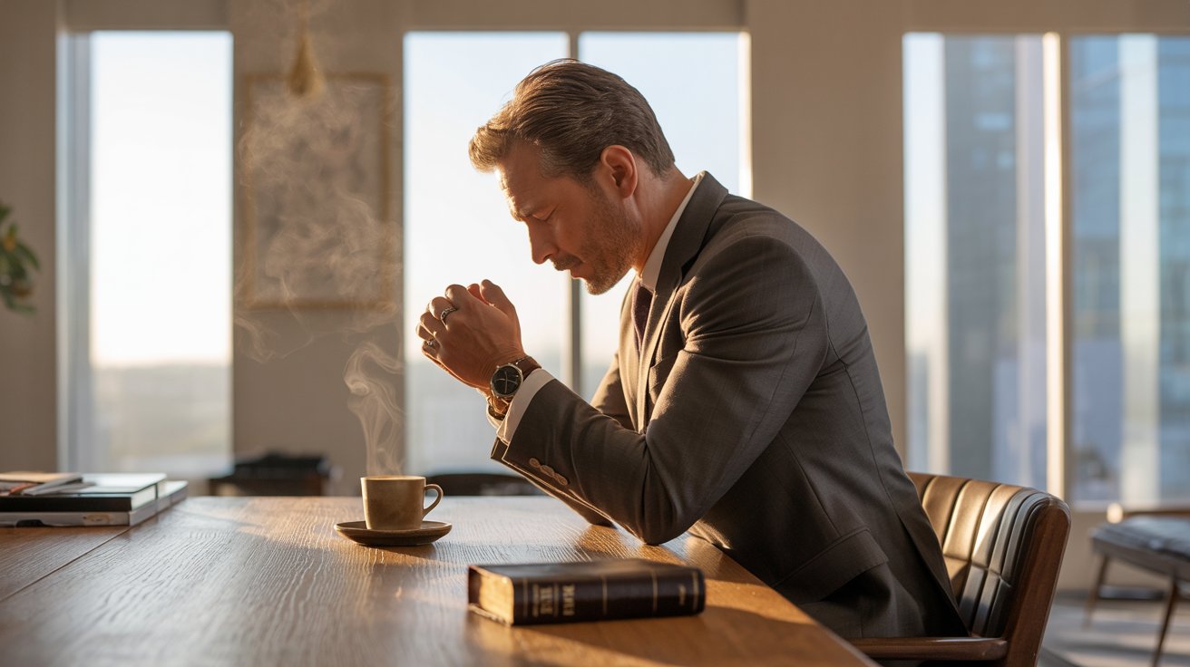 Business owner in morning prayer routine with Bible and coffee at sunrise