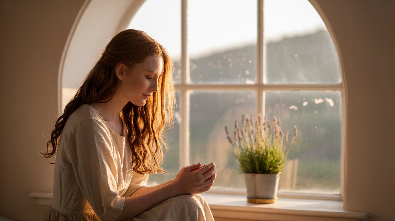 Person praying peacefully by window during sunrise showing prayer for being overwhelmed