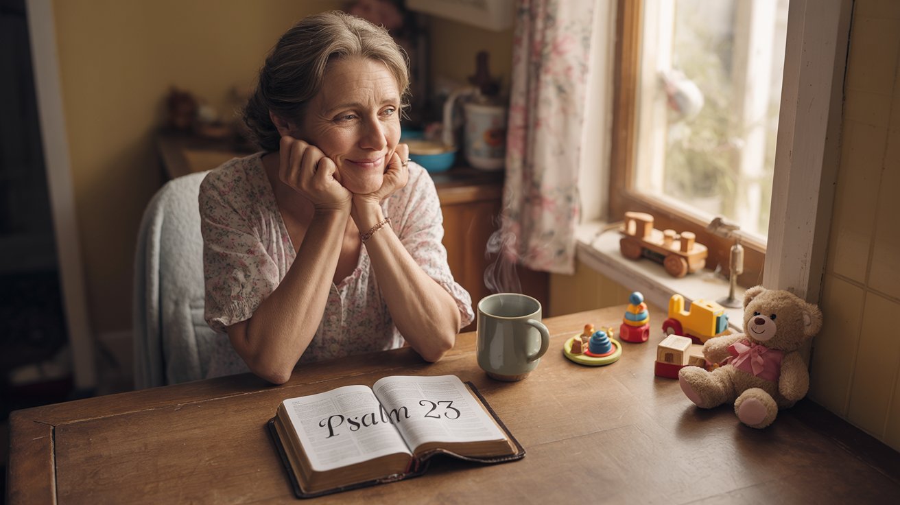 Single mom finding quiet prayer time with Bible and coffee in busy morning routine