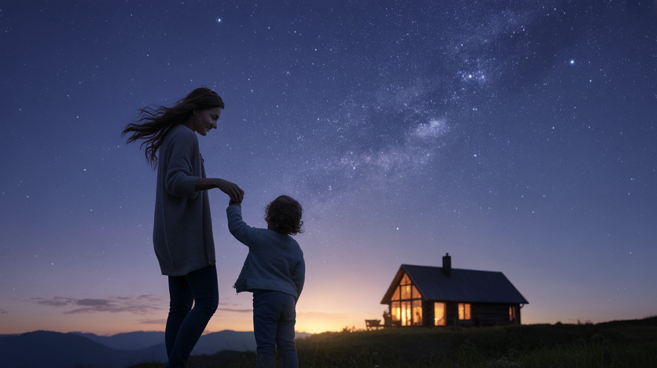 Single mother and child stargazing together representing hope for the future