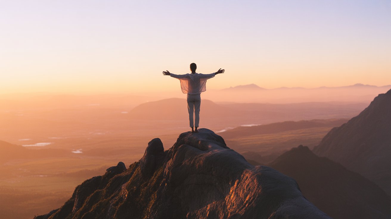 Person with arms outstretched on mountaintop at sunrise celebrating intimacy with God