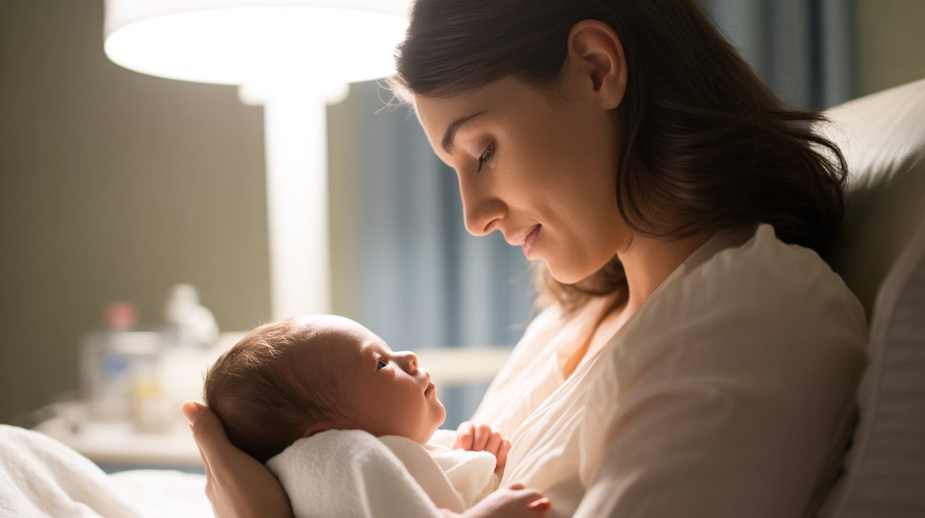 New mother holding newborn baby in prayer with peaceful expression