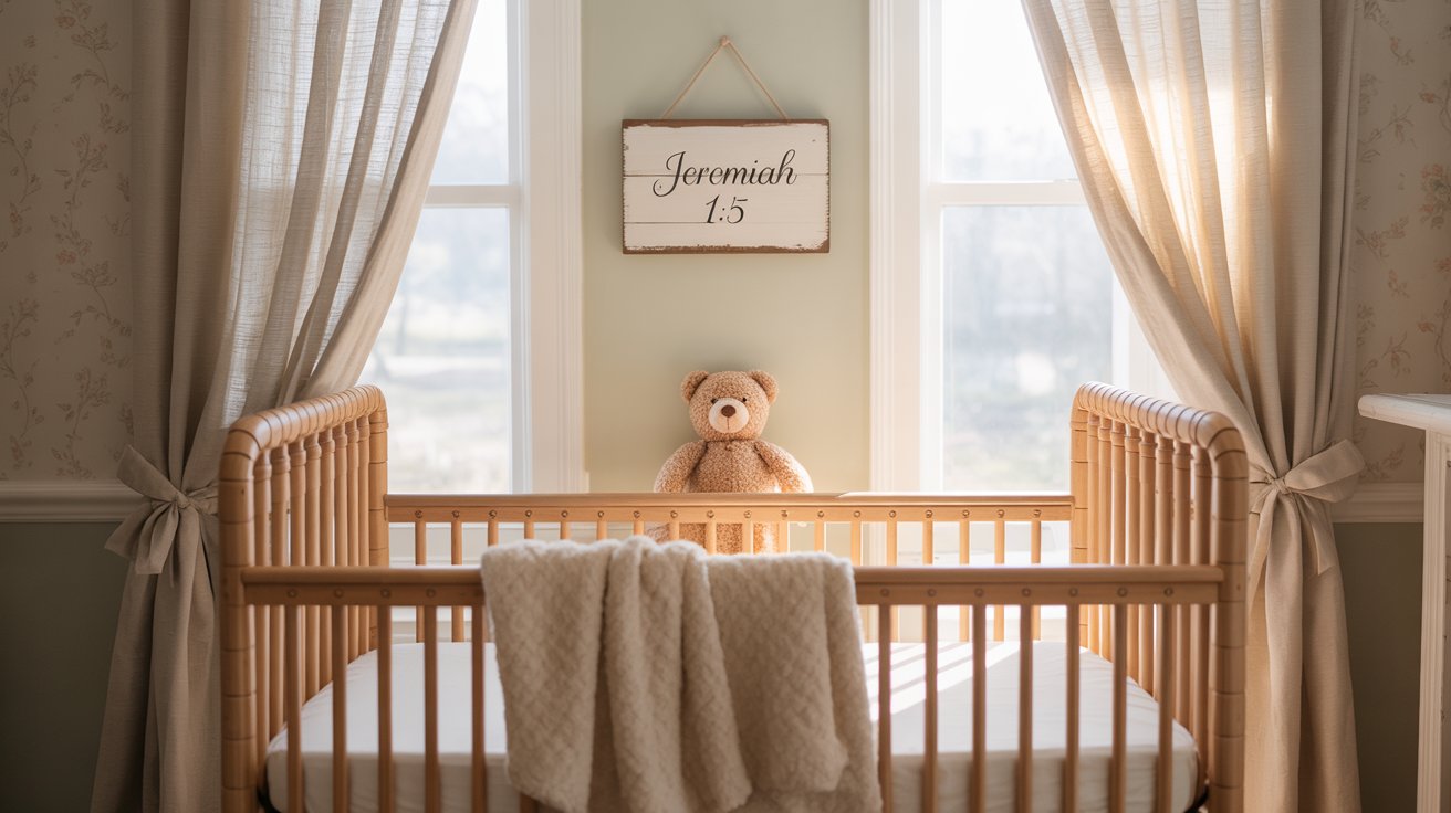 Peaceful baby nursery with wooden crib and Jeremiah 1:5 wall sign