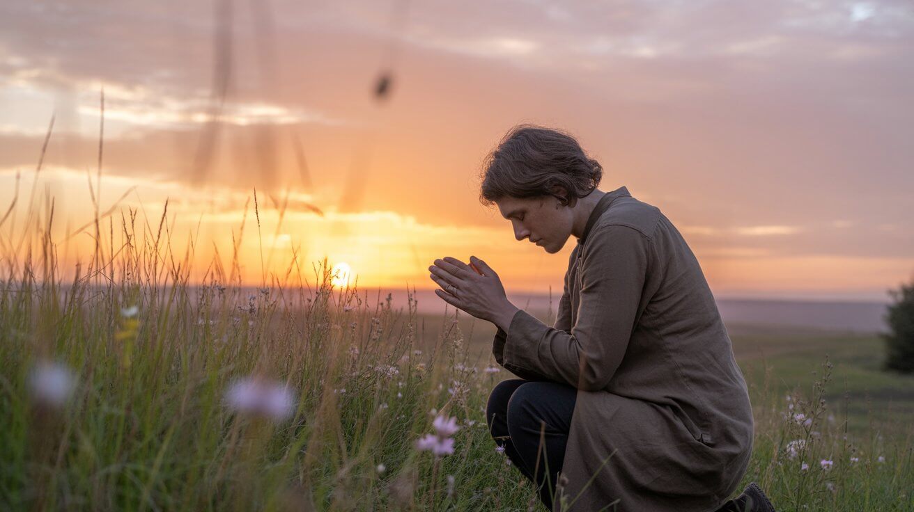 Person in peaceful prayer outdoors showing trust and faith in God