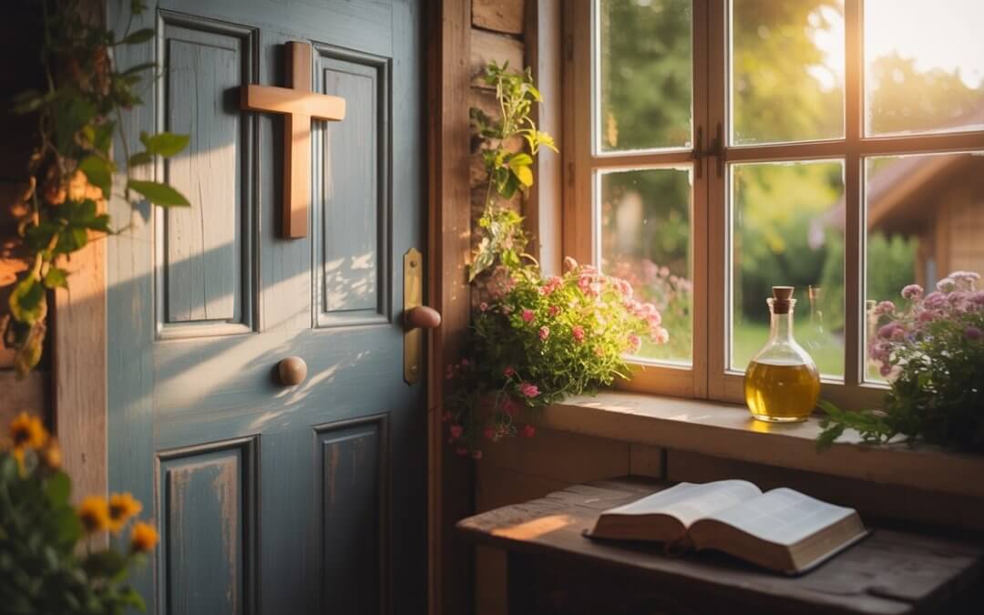Prayer for anointing home with God's presence - peaceful family house with cross and biblical elements at golden hour