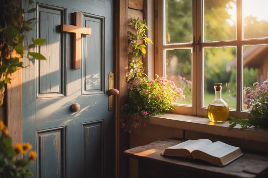 Prayer for anointing home with God's presence - peaceful family house with cross and biblical elements at golden hour