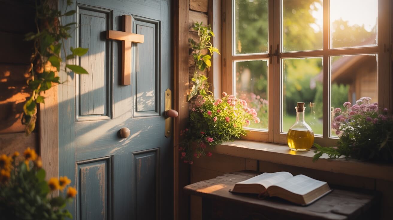 Prayer for anointing home with God's presence - peaceful family house with cross and biblical elements at golden hour