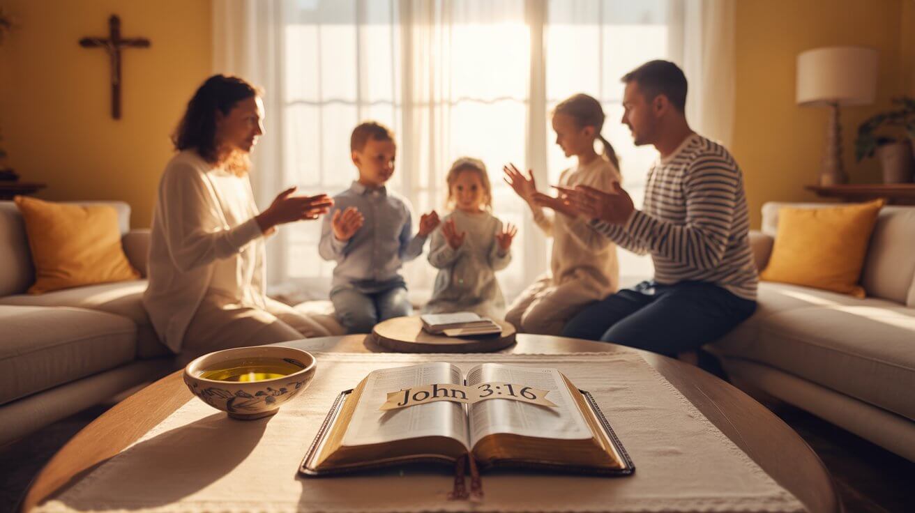 Prayer for anointing home in peaceful living room with biblical elements