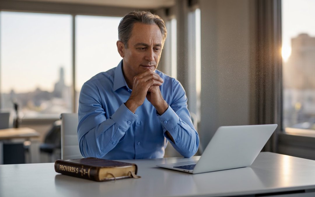 Business owner praying for guidance and success at office desk with Bible