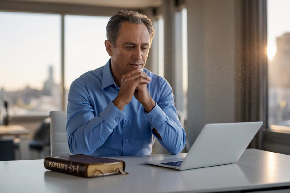 Business owner praying for guidance and success at office desk with Bible