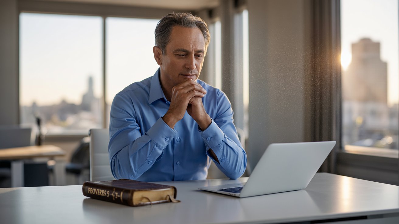 Business owner praying for guidance and success at office desk with Bible