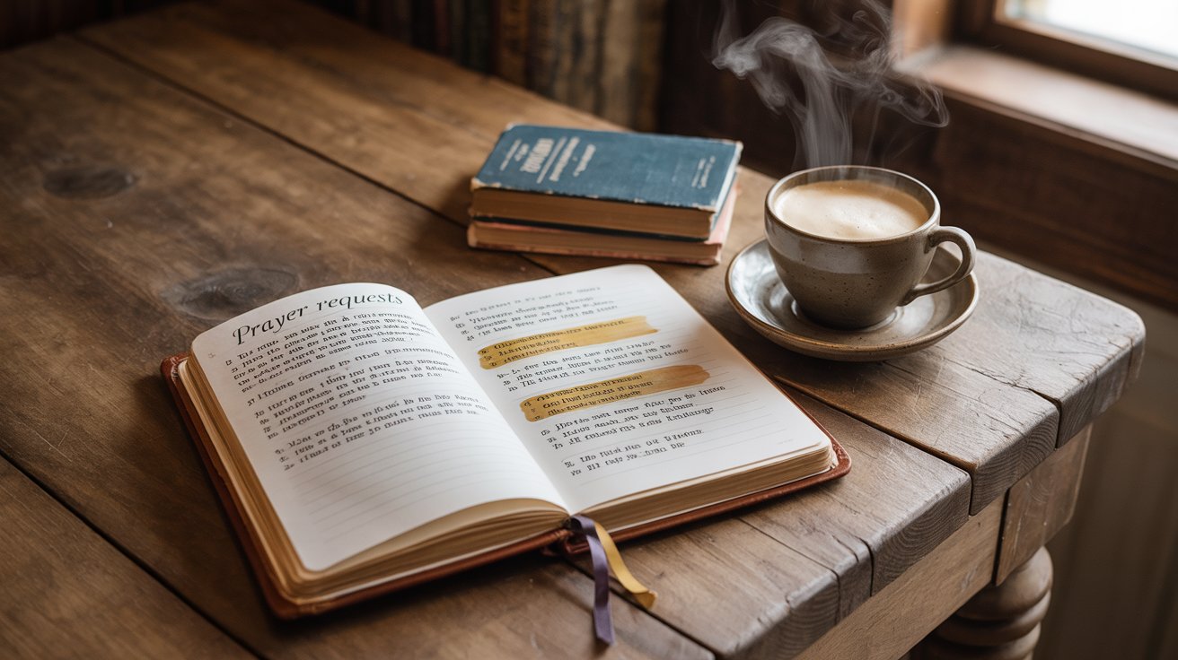 Open prayer journal with scripture verses and coffee cup on wooden table