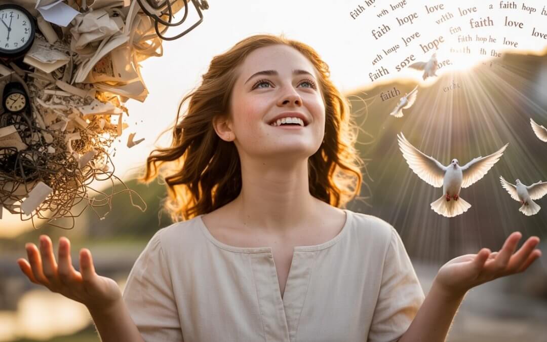 Joyful person celebrating victory through prayer as overwhelming chaos transforms into God's peaceful presence