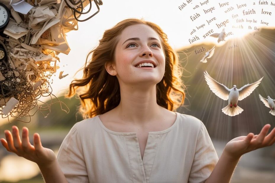 Joyful person celebrating victory through prayer as overwhelming chaos transforms into God's peaceful presence