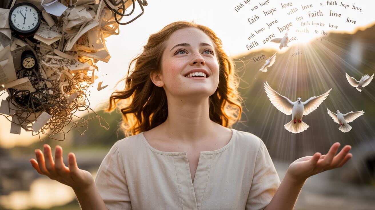 Joyful person celebrating victory through prayer as overwhelming chaos transforms into God's peaceful presence