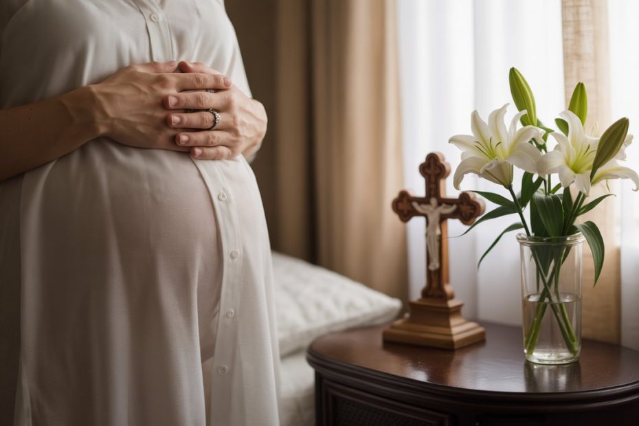 Pregnant woman praying peacefully in hospital room with cross and flowers