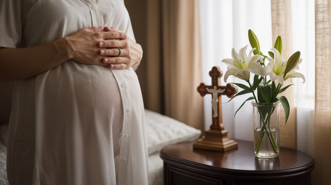 Pregnant woman praying peacefully in hospital room with cross and flowers