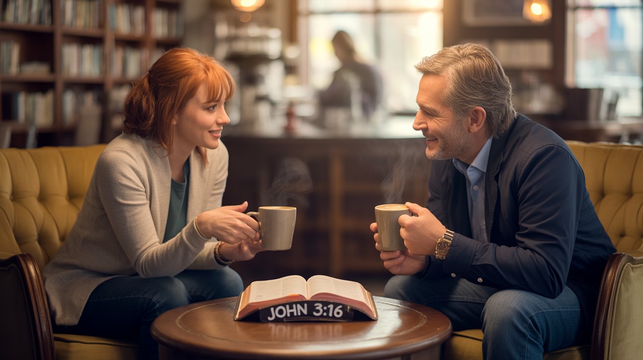 Two friends having a meaningful conversation about the gospel over coffee with an open Bible