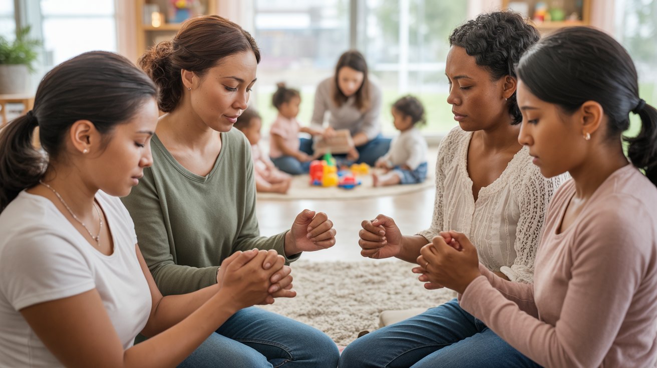 Single mothers supporting each other in prayer circle community gathering