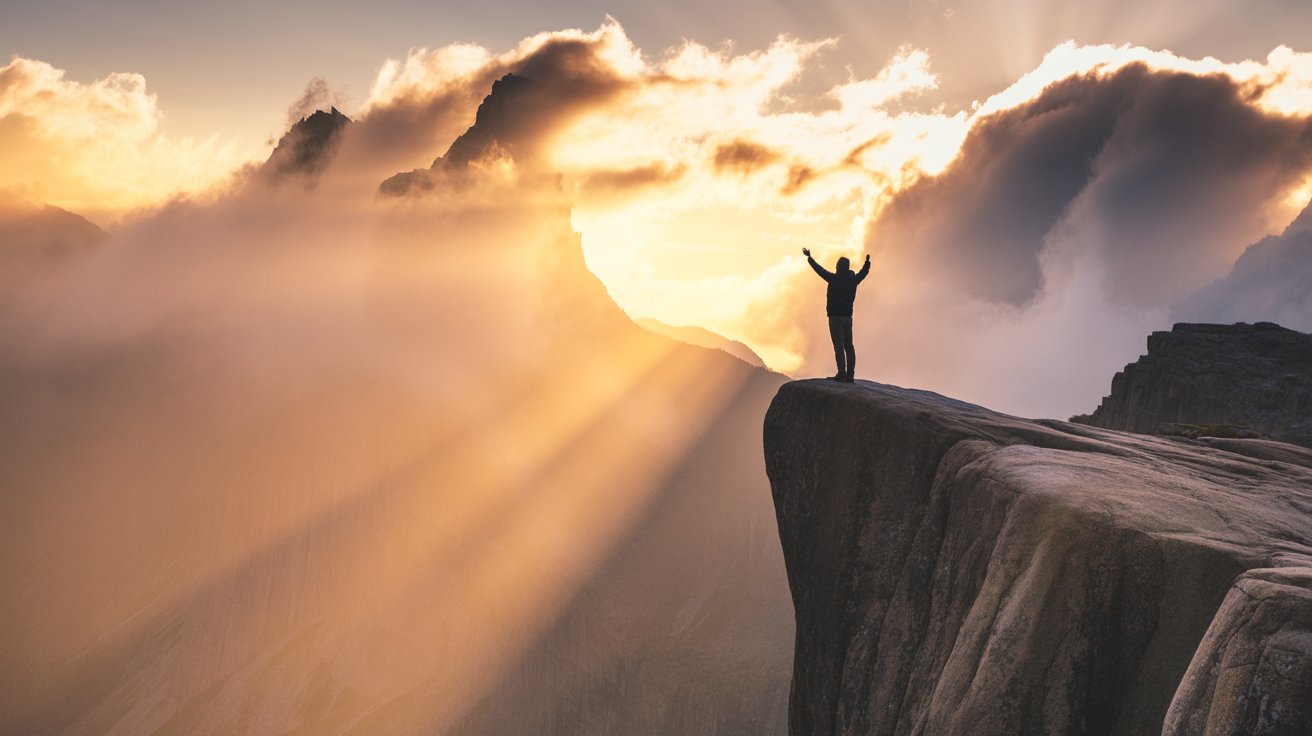 Person standing in gap on mountain cliff praying at sunrise with heavenly light