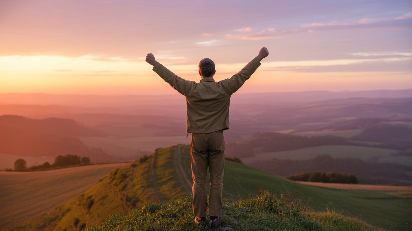 Person celebrating victory on hilltop at sunset representing triumph through Bible scriptures about not giving up