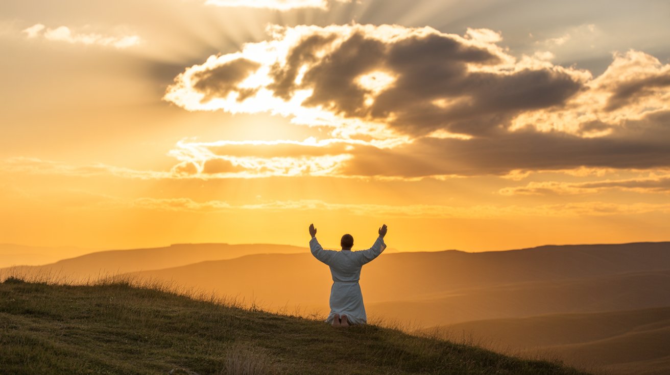 Person in victorious prayer on hilltop at sunset with heavenly light breakthrough