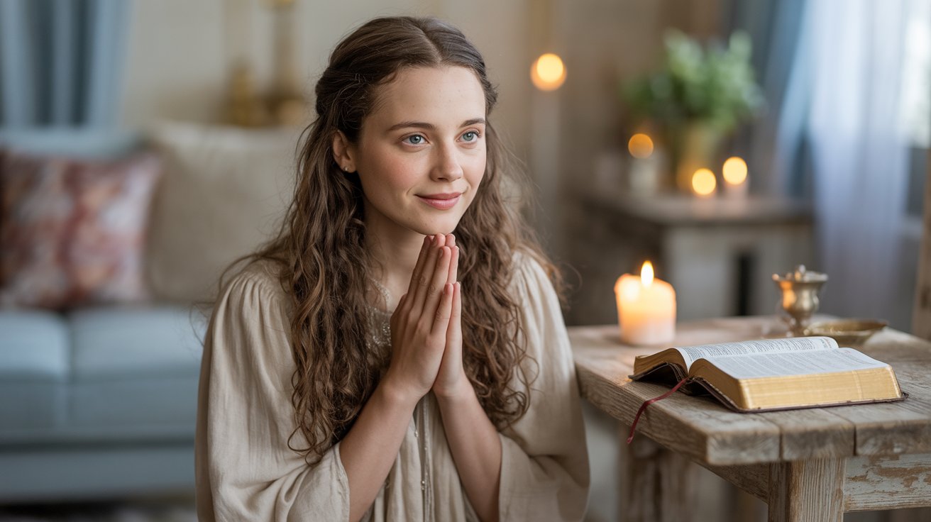Young woman praying and delighting in the Lord while waiting for love