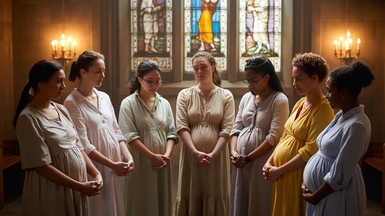 Diverse group of pregnant women praying together in church candlelight