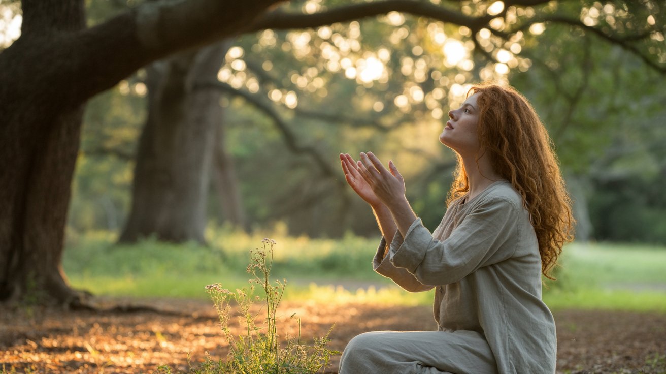 Person worshiping God in nature during golden hour for intimate prayer