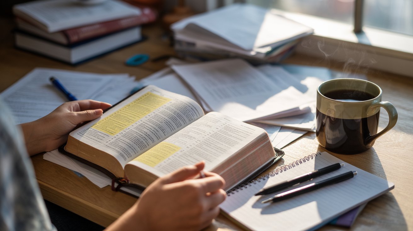Person studying Bible verses while preparing for exams with peaceful morning light