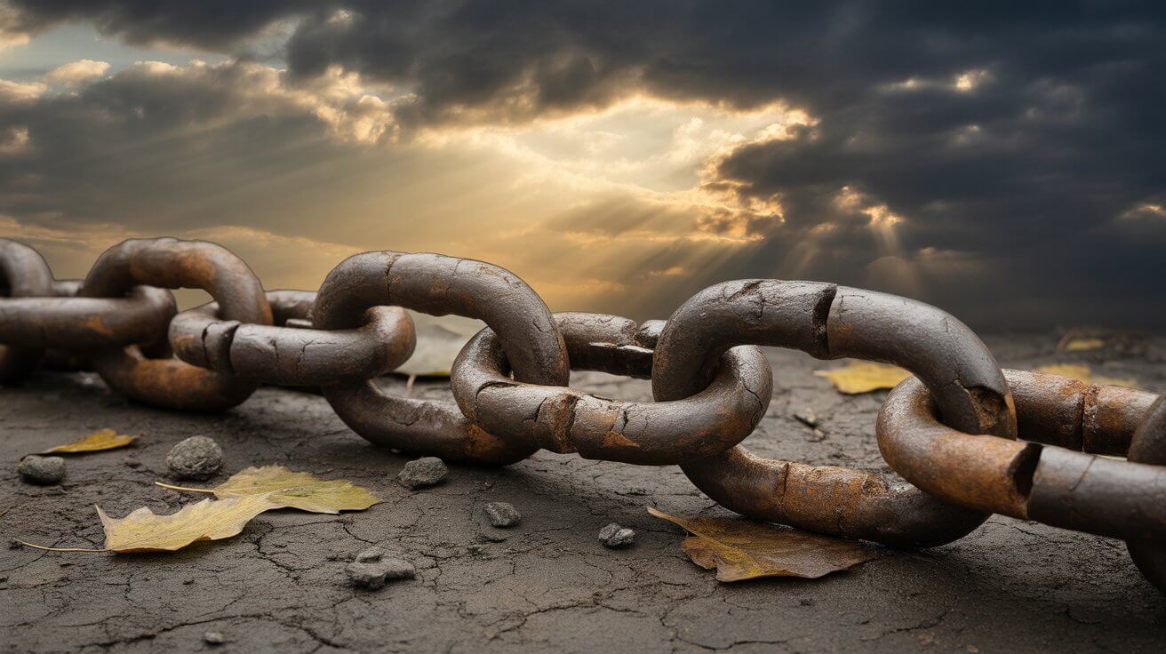 Broken chains symbolizing freedom from drug addiction through prayer and God's power