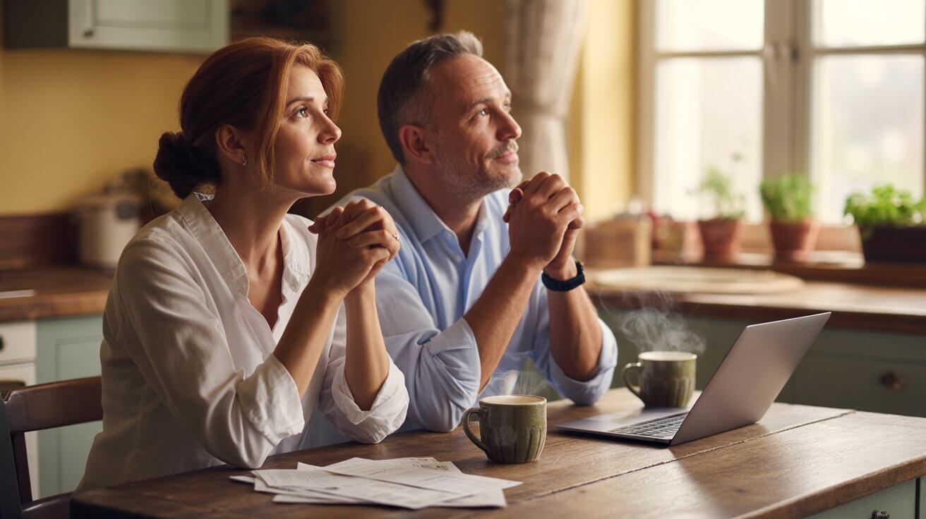 Couple praying together for financial peace and provision at home