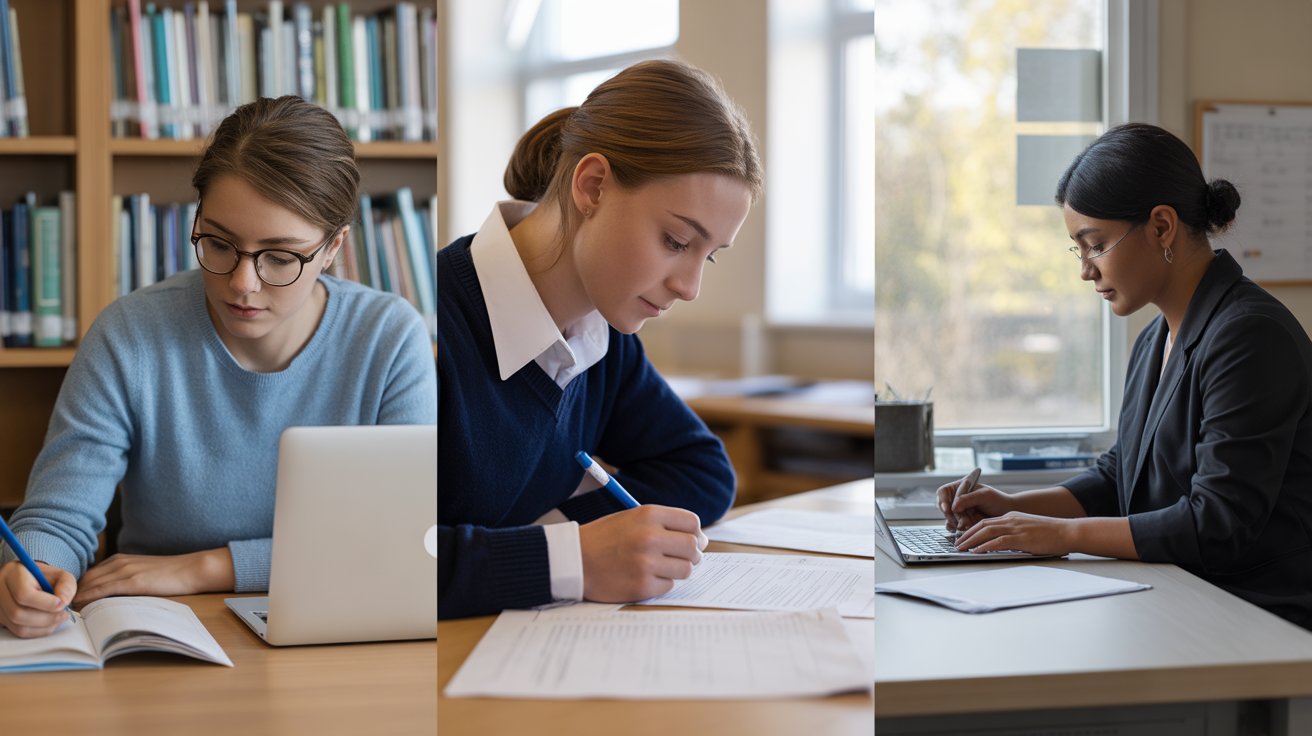 Various students taking different types of exams with faith and confidence