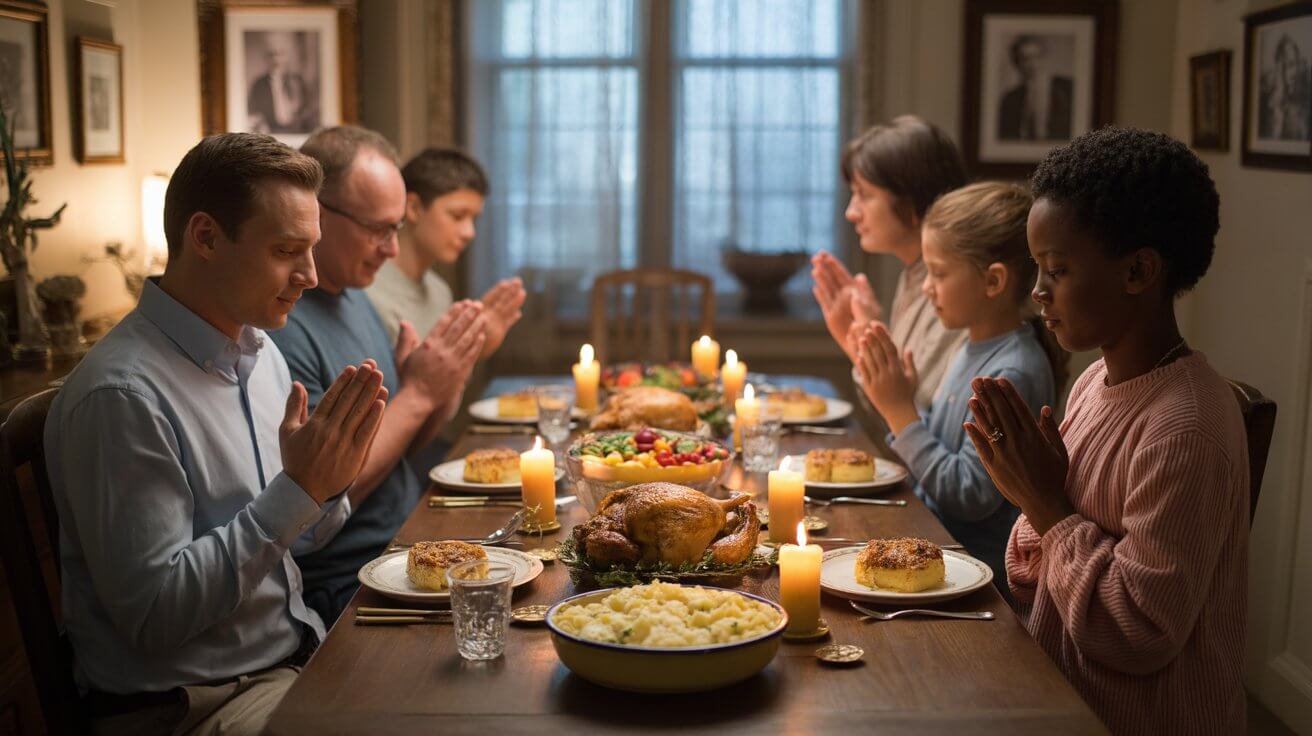 Family gathered around dinner table praying for peace and thanksgiving