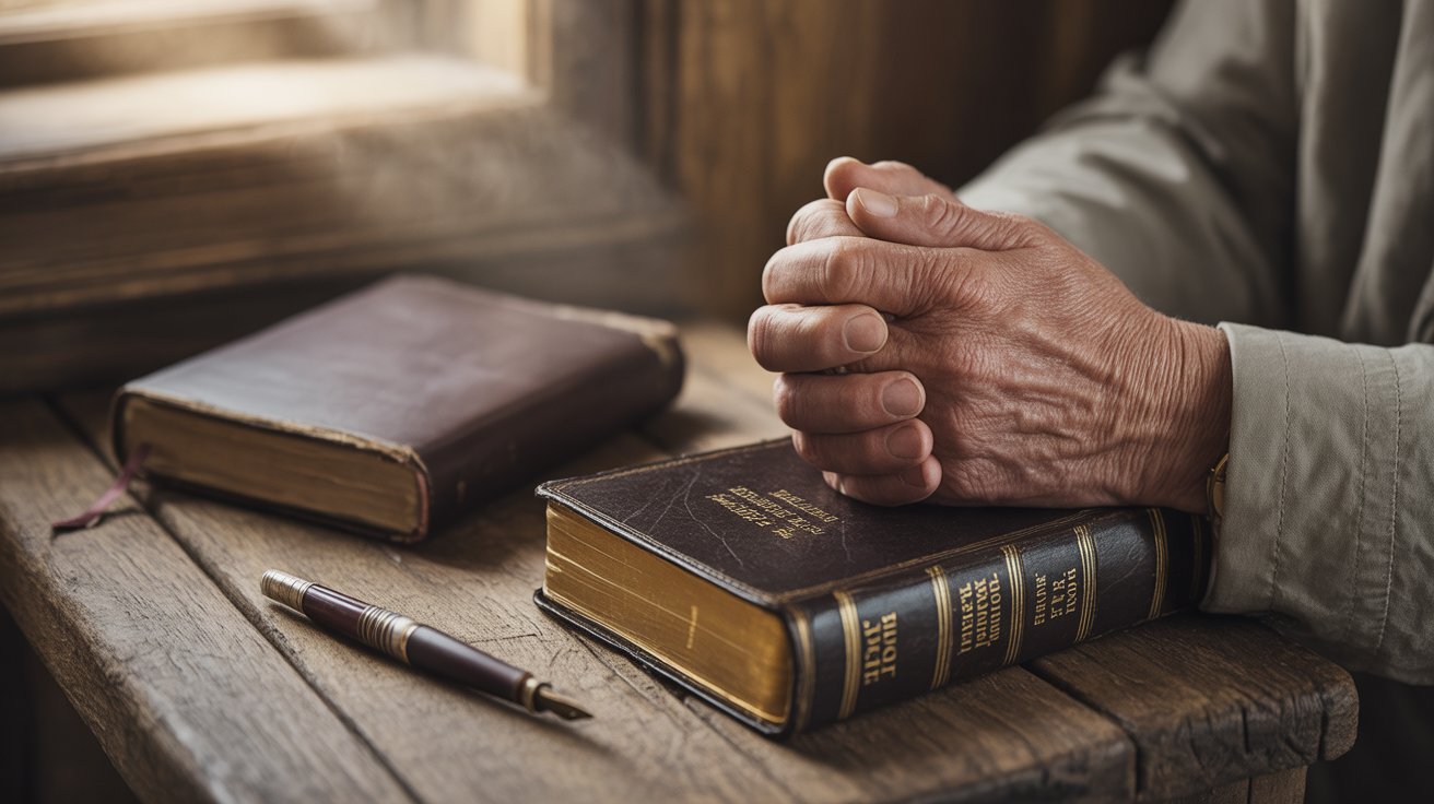 Hands in prayer holding Bible seeking God's strength for self control